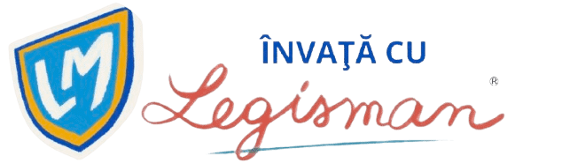 Logo cu un scut albastru și galben în stânga care conține literele „LM”. Textul scrie „Colecția ÎNVAȚĂ CU Legisman” cu fonturi stilizate albastre și roșii.