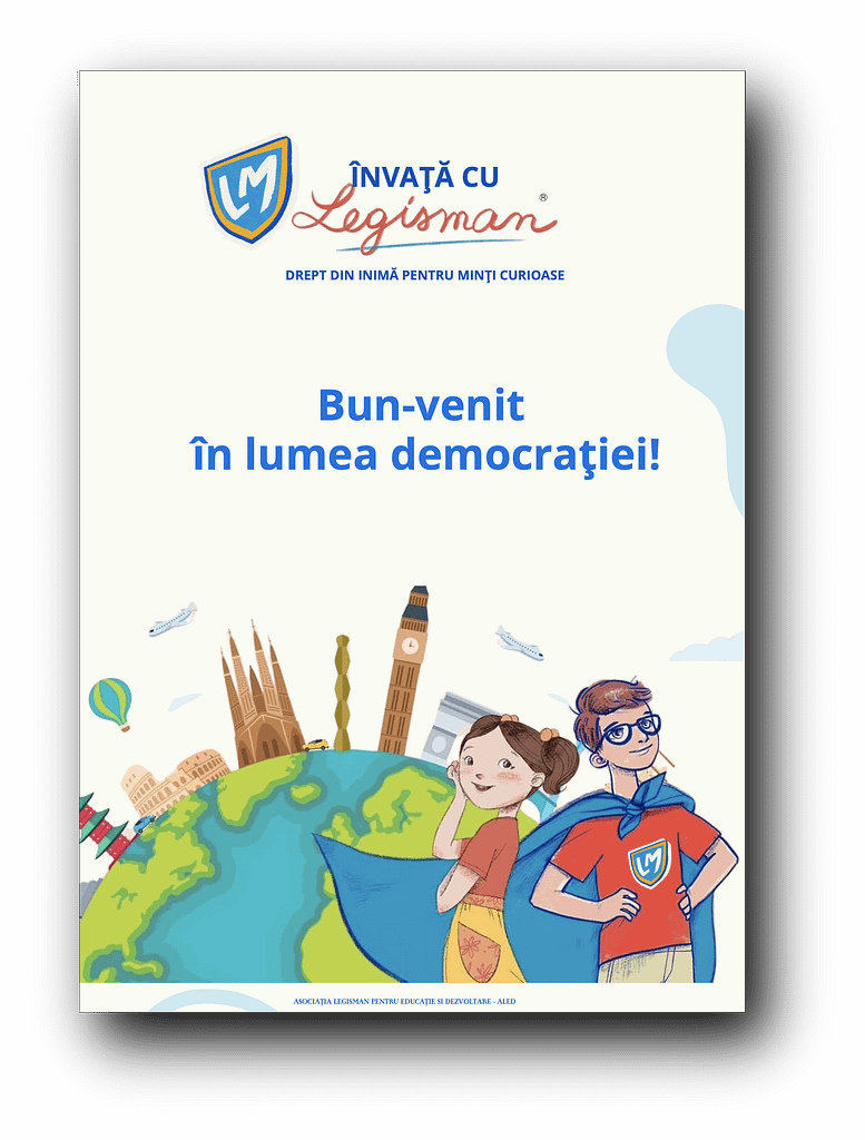 Ilustrație a doi copii din desene animate în fața unor repere globale precum Big Ben și Turnul înclinat din Pisa. Textul scrie „Bun-venit în lumea democratică!” cu un logo cu o icoană scut, reprezentând resurse educaționale valoroase.