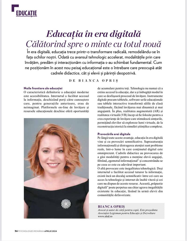 O pagină de revistă cu titlul „Educația în era digitală” despre educația în era digitală. Articolul discută despre transformarea educației prin digitalizare și impactul acesteia asupra metodelor de predare. Există o imagine parțială a unei persoane în partea de jos. Text în română.