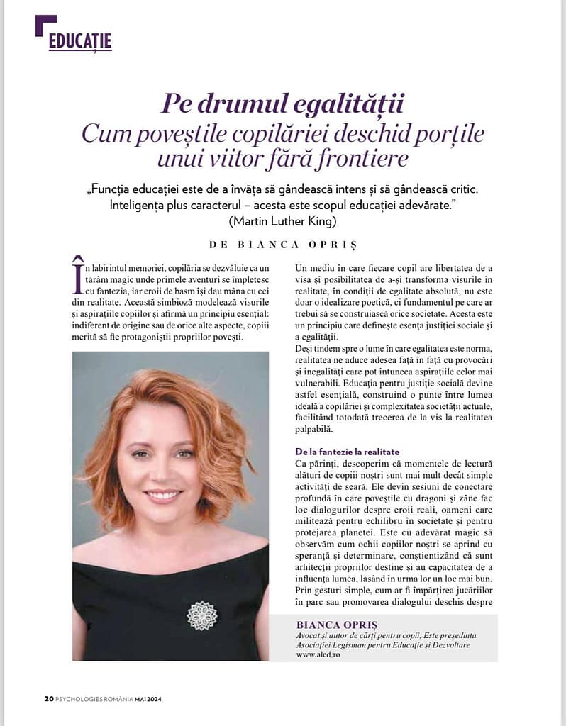O pagină de revistă intitulată „Pe drumul egalității” cu un articol de Bianca Opriș. Titlul discută despre modul în care poveștile copilăriei deschid porțile unei lumi fără granițe. Există un portret al unei femei zâmbitoare cu părul până la umeri în colțul din stânga jos.